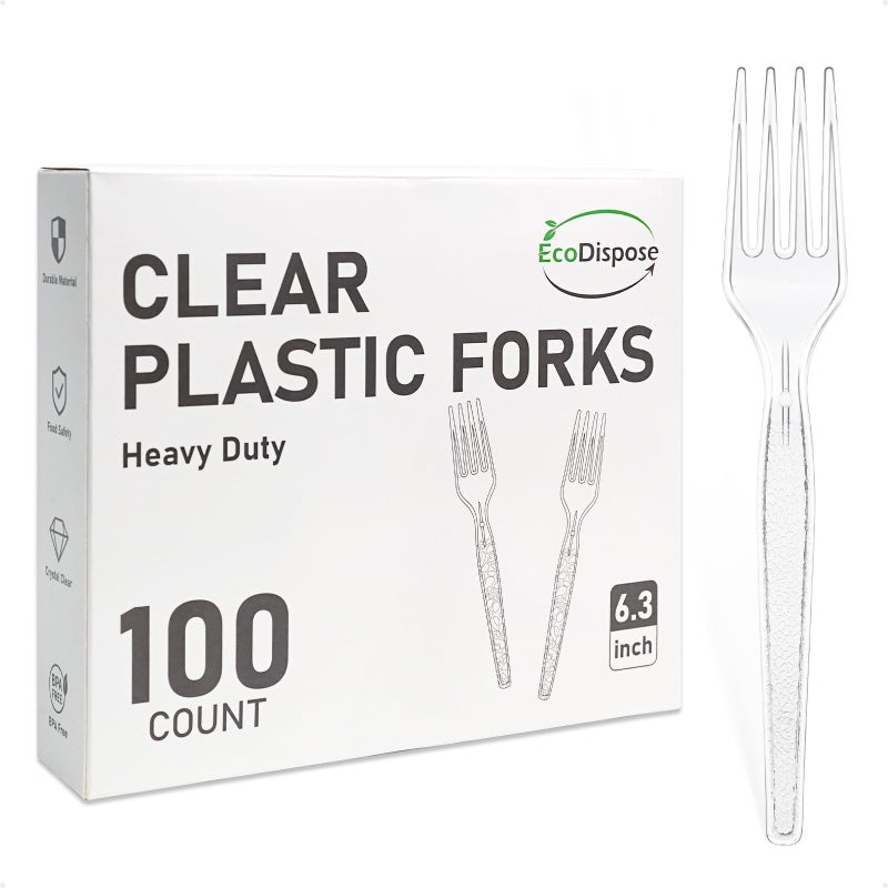 EcoDispose 100 Count Disposable Clear Plastic Forks Heat Resistant and BPA Free, Heavy Duty Durable Disposable Cutlery for Party Event Supply - Image 1